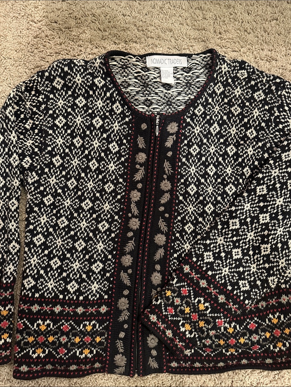 Nomadic Traders Black & White Patterned Zip Cardigan with Floral Accents
